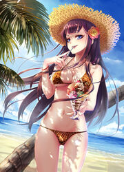  animal_print beach bikini blue_eyes bracelet breasts brown_hair chinese_commentary commentary_request cowboy_shot dappled_sunlight day female flower food gradient_hair hair_flower hair_ornament hat highres ice_cream jewelry leopard_print long_hair medium_breasts million_arthur_(series) multicolored_hair navel ocean official_art orange_bikini outdoors palm_tree parfait photoshop_(medium) pocky purple_hair solo spoon straw_hat sun_hat sundae sunlight swimsuit tree utensil_in_mouth wait 