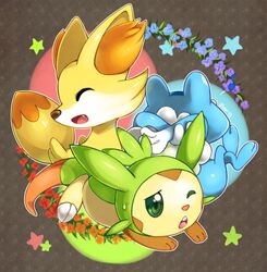  chespin commentary_request fennekin flower froakie jiayi no_humans one_eye_closed pokemon pokemon_(creature) star_(symbol) starter_pokemon_trio 