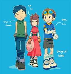  2boys blue_hair brown_hair closed_eyes commentary_request cosplay digimon digimon_adventure digimon_tamers dress female furrowed_brow gloves goggles goggles_on_head hands_in_pockets hat ishida_yamato ishida_yamato_(cosplay) lee_jianliang long_dress makino_ruki matsuda_takato multiple_boys ponytail red_hair shorts sun_hat sweatdrop t_k_g tachikawa_mimi tachikawa_mimi_(cosplay) unworn_hat unworn_headwear yagami_taichi yagami_taichi_(cosplay) 