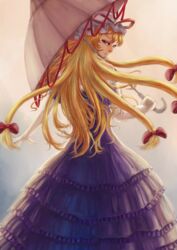  6fu_(11madhouse) bad_id bad_pixiv_id bare_shoulders blonde_hair closed_mouth dress elbow_gloves female frilled_dress frilled_hat frills gloves half-closed_eyes hat highres holding holding_umbrella layered_dress long_hair looking_at_viewer looking_back mob_cap off-shoulder_dress off_shoulder purple_dress purple_eyes smile solo touhou umbrella very_long_hair white_gloves white_hat white_umbrella yakumo_yukari 