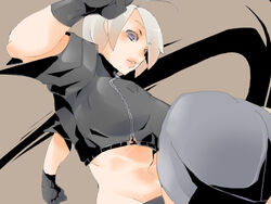  ahoge angel_(kof) blue_eyes commentary_request crop_top female gloves kneeing lips midriff navel ryu3224 solo the_king_of_fighters white_hair 