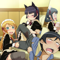  1boy 3girls :3 alternate_legwear animal_ears black_eyes black_hair black_thighhighs blue_eyes blush cat_ears cat_tail check_commentary commentary commentary_request drunk glasses gokou_ruri hair_ornament hairclip hand_on_own_cheek hand_on_own_face hime_cut kanna_asuke kousaka_kirino kousaka_kyousuke long_hair maid maid_headdress makishima_saori multiple_girls naughty_face oerba_yun_fang official_style open_mouth orange_hair ore_no_imouto_ga_konna_ni_kawaii_wake_ga_nai pain petite red_eyes tail thighhighs twintails 