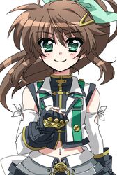  blush brown_hair commentary_request female fingerless_gloves fuka_reventon gloves green_eyes hair_ornament hair_ribbon hairclip long_hair looking_at_viewer lyrical_nanoha midriff navel ponytail ribbon sidelocks smile solo tatsuko_(tttk_64) vest vivid_strike! 