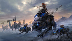  aloy armor bow_(weapon) charge detailed_background female fog glowing glowing_eyes group hair horizon_(series) human lancehorn leather leather_armor machine mammal melee_weapon mount mountain polearm ranged_weapon red_hair riding robot sandara sawtooth_(horizon) scrapper_(horizon) sony_corporation sony_interactive_entertainment spear weapon 