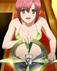  anime_screenshot bikini bikini_top_only blue_shorts female green_eyes highres pink_hair red_hair rio_-rainbow_gate!- rio_rollins short_hair shorts smile solo stitched super_blackjack swimsuit third-party_edit 