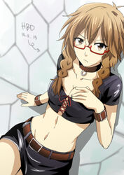  akuma_no_riddle bad_id bad_pixiv_id belt black_skirt braid breasts brown_eyes brown_hair cleavage collarbone commentary_request dated eyebrows female from_above glasses groin hair_between_eyes highres kago-tan kenmochi_shiena long_hair looking_at_viewer medium_breasts midriff miniskirt navel photoshop_(medium) signature skirt solo twin_braids 