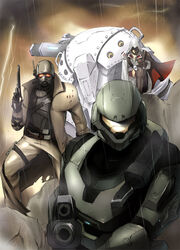  3boys armor assassin&#039;s_creed_(series) assassin&#039;s_creed_ii assault_rifle assault_visor cape commentary_request crossover ezio_auditore_da_firenze fallout:_new_vegas fallout_(series) gun halo:_reach halo_(series) handgun helmet km_yama lost_planet male_focus mecha multiple_boys ncr_veteran_ranger new_california_republic power_suit ptx-40a rain revolver rifle robot spartan-b312 spartan_(halo) weapon 