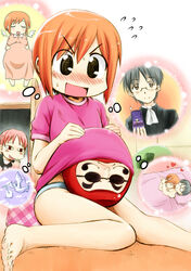  2girls barefoot bird blush closed_eyes commentary_request daruma_doll fake_pregnancy flying_sweatdrops glasses heart imagining marriage_proposal multiple_girls naruse nichijou open_mouth orange_hair painttool_sai_(medium) panties peeping sasahara_koujirou short_hair smile sparkle stork tachibana_mihoshi tachibana_misato underwear 