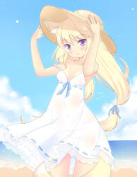  adjusting_clothes adjusting_headwear animal_ears beach commentary_request dress female fox_ears fox_tail frilled_dress frills hand_on_headwear hat long_hair looking_at_viewer mofumofu_(minidora-dorara) original outdoors purple_eyes ribbon-trimmed_clothes ribbon_trim semi-transparent solo strap_slip straw_hat sun_hat tail tied_hair wind 