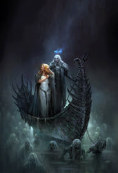  annoyed armor boat bone chains cloak clothing dark_theme deity dress european_mythology female greek_mythology grey_theme group hades hair halo hi_res human large_group male mammal melee_weapon mythology not_furry persephone polearm red_hair sandara skull trident undead unimpressed vehicle watercraft weapon white_hair zombie 