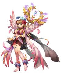  aqua_eyes armlet boots bracelet brown_hair dress feathers female flower full_body hair_flower hair_ornament high_heels highres holding holding_staff jewelry long_hair miemia official_art olivier_(royal_flush_heroes) royal_flush_heroes solo staff transparent_background wings 