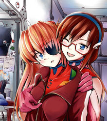  2girls blue_eyes blush breasts commentary_request evangelion:_3.0_you_can_(not)_redo eyepatch glasses long_hair makinami_mari_illustrious medium_breasts multiple_girls naruse neon_genesis_evangelion one_eye_closed open_mouth plugsuit rebuild_of_evangelion smile souryuu_asuka_langley 