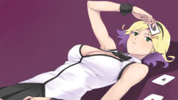  bare_shoulders blonde_hair bow bowtie breasts card cleavage commentary_request earrings female green_eyes hair_ornament hairband hairclip hamushima holding holding_card jewelry large_breasts lying on_back photoshop_(medium) playing_card rina_tachibana shadow short_hair simple_background solo super_blackjack wrist_cuffs 