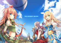  2boys 3girls :d abs aircraft airship apple apple_on_head arch_bishop_(ragnarok_online) arm_garter arm_guards arm_up armor arrow_(projectile) arrow_through_apple backpack bag bare_shoulders black_eyes black_hair blonde_hair blue_dress blue_eyes bow_(weapon) breasts cape cleavage cloud commentary commission crop_top day dress elbow_gloves english_commentary english_text fingerless_gloves food food_on_head from_behind fruit fruit_on_head gauntlets gloves green_eyes guillotine_cross_(ragnarok_online) hair_ornament hair_ribbon head_wings holding light_brown_hair long_hair long_sleeves looking_at_viewer luzi mechanic_(ragnarok_online) medium_breasts midriff mountain multiple_boys multiple_girls navel object_on_head open_mouth orange_hair outdoors pauldrons photoshop_(medium) puffy_long_sleeves puffy_sleeves ragnarok_online ranger_(ragnarok_online) red_cape red_hair ribbon rune_knight_(ragnarok_online) scarf shoulder_armor side_slit signature sky smile spikes standing sword two_side_up watermark waving weapon web_address white_hair wide_sleeves wind wings 