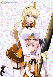  2girls :d absurdres ahoge animal animal_on_head asymmetrical_gloves black_bow black_bowtie black_footwear black_gloves black_hairband blonde_hair blue_eyes bow bowtie breast_rest breasts breasts_on_head brown_skirt dress_shirt garter_straps gloves hairband highres holding holding_weapon huge_breasts kohagura_ellen leg_up long_hair mary_janes mashiko_kaoru megami_magazine miniskirt mizuno_takahiro_(artist) multiple_girls nene_(toji_no_miko) official_art on_head open_mouth osafune_girls_academy_school_uniform pink_hair pleated_skirt purple_eyes scan school_uniform shirt shoes skirt smile standing standing_on_one_leg thighhighs toji_no_miko uneven_gloves very_long_hair weapon white_legwear white_shirt 