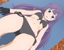  anitore!_ex ass_visible_through_thighs bikini black_bikini black_gloves blue_eyes blush breasts cleavage commentary_request drill_hair female foreshortening gloves groin heterochromia kosyooka long_hair looking_at_viewer navel purple_hair small_breasts solo sweat swimsuit tachibana_shion thighs twin_drills wide_hips 