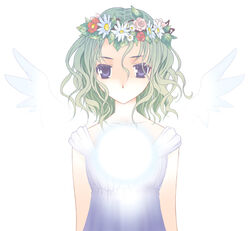  blue_eyes character_request colored_eyelashes copyright_request curly_hair daisy detached_wings female flower flower_wreath green_hair hair_between_eyes head_wreath looking_at_viewer no_mouth short_hair solo takigawa_yuu upper_body white_background white_wings wings 