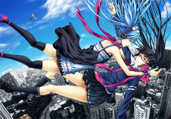  2girls bad_id bad_pixiv_id blue_eyes blue_hair bow cellphone cityscape cloud day dress dual_persona falling glasses hatsune_miku headphones high_heels ihara_natsume loafers long_hair monochro_blue_sky_(vocaloid) multiple_girls phone school_uniform shoes skirt sky socks thighhighs vocaloid 