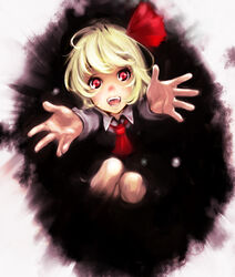  blonde_hair commentary_request darkness fangs female foreshortening goichi hair_ribbon hands open_mouth outstretched_arms outstretched_hand reaching reaching_towards_viewer red_eyes ribbon rumia short_hair solo touhou 