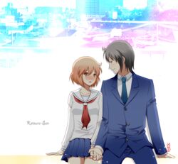  1boy bad_id bad_pixiv_id blazer blush copyright_name couple female holding_hands interlocked_fingers jacket kotoura-san kotoura_haruka machinosuke manabe_yoshihisa necktie orange_eyes orange_hair school_uniform short_hair sitting smile straight 