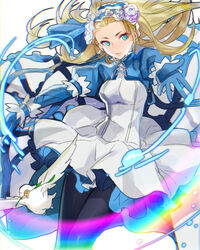  animal bird black_pantyhose blonde_hair blue_eyes chromatic_aberration commentary_request dove dress female flower frilled_dress frills hair_flower hair_ornament hairband highres light_smile lips long_hair long_sleeves meer_rowe noah_(p&amp;d) outstretched_arms pantyhose photoshop_(medium) puffy_long_sleeves puffy_sleeves puzzle_&amp;_dragons rainbow ribbon rose solo water white_dress white_flower white_ribbon white_rose wrist_cuffs 