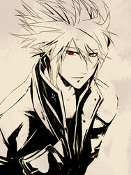  1boy blazblue closed_mouth coat collair_(cono) collar collarbone expressionless heterochromia male_focus monochrome ragna_the_bloodedge red_eyes solo spiked_hair spot_color upper_body yellow_eyes 