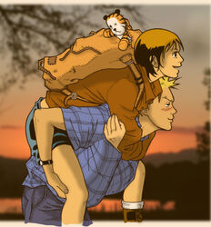  1boy aged_up backpack bag blonde_hair blush brown_hair calvin_&amp;_hobbes calvin_(calvin_&amp;_hobbes) carrying collaboration_request colorized commentary couple english_commentary female hobbes_(calvin_&amp;_hobbes) nami86 photoshop_(medium) piggyback plaid short_hair smile spiked_hair straight stuffed_animal stuffed_toy susie_derkins 