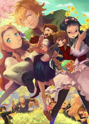  6+boys 6+girls ^^^ animal_ears beatrice_(umineko) black_hair blonde_hair blue_eyes bouquet brown_hair cape cherry_blossoms cigarette commentary_request company_connection creator_connection crossover crown dress field flower flower_field flower_necklace furutachirikonbu glasses grey_hair gun hair_flower hair_ornament hashitsuki_nata hat head_wreath higanbana_(higanbana_no_saku_yoru_ni) higanbana_no_saku_yoru_ni highres higurashi_no_naku_koro_ni in-franchise_crossover jewelry leo_shishigami maebara_keiichi maria_(umineko) moriya_marie multiple_boys multiple_girls nata_(tool) necklace oerba_yun_fang one_eye_closed ooishi_kuraudo principal_(higanbana) red_eyes red_hair rose rose_guns_days rose_haibara ryuuguu_rena sakutarou_(umineko) school_uniform smile stuffed_animal stuffed_lion stuffed_toy thighhighs top_hat umineko_no_naku_koro_ni ushiromiya_battler ushiromiya_maria v wayne_uedera weapon zettai_ryouiki 