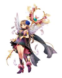  aqua_eyes armlet boots bracelet brown_hair dress feathers female flower full_body hair_flower hair_ornament high_heels highres holding holding_staff jewelry long_hair miemia official_art olivier_(royal_flush_heroes) royal_flush_heroes solo staff transparent_background wings 