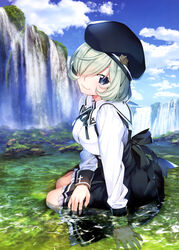  absurdres arm_support black_hat black_skirt blue_eyes blue_sky cloud day dress_shirt female frilled_skirt frills green_hair green_neckwear green_ribbons grisaia_(series) grisaia_phantom_trigger hair_over_one_eye hat highres kumashiro_megumi looking_at_viewer neck_ribbon outdoors rainbow ribbon shirt short_hair sitting skirt sky smile solo watanabe_akio water waterfall white_shirt 