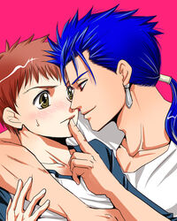  2boys bad_id bad_pixiv_id blue_hair blush cu_chulainn_(fate) cu_chulainn_(fate/stay_night) earrings emiya_shirou fate/stay_night fate_(series) jewelry long_hair male_focus multiple_boys orange_hair ponytail red_eyes setta_(tokinon) sweat yaoi yellow_eyes 