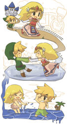  2boys bikini black_eyes blonde_hair character_request commentary_request female gloves grin hat link long_hair multiple_boys princess_zelda smile swimsuit the_legend_of_zelda the_legend_of_zelda:_spirit_tracks toon_link tsutsuji wince 