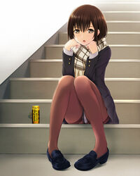  :o black_jacket black_skirt blazer brown_eyes brown_hair brown_pantyhose can commentary_request crotch_seam drink_can enpera female full_body head_rest indoors jacket knees_together_feet_apart knees_up loafers long_sleeves looking_at_viewer medium_hair miniskirt nonaka_ritsu open_mouth original panties panties_under_pantyhose pantyhose pantyshot pigeon-toed plaid plaid_scarf pleated_skirt scarf school_uniform shoes sitting sitting_on_stairs skirt soda_can solo stairs striped_clothes striped_panties thighband_pantyhose touka_(nonaka_ritsu) underwear wall 