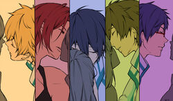  5boys artist_name blonde_hair closed_eyes colored_eyelashes commentary_request faceless faceless_female female free! glasses green_hair half-closed_eyes hazuki_nagisa imminent_kiss incest long_hair matsuoka_gou matsuoka_rin multiple_boys nanase_haruka_(free!) parted_lips purple_hair red-framed_eyewear red_eyes red_hair ryuugazaki_rei sharp_teeth smile split_screen straight tachibana_makoto tank_top teeth upper_body wand3754 