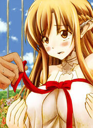  asuna_(sao) blush bow breasts brown_eyes brown_hair commentary_request ear_covers elf female flower large_breasts long_hair naruse pointy_ears ribbon sword_art_online titania_(sao) 