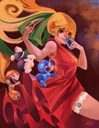  3boys android arm_cannon assault_visor blonde_hair blue_eyes blue_headwear can commentary dress energy_tank english_commentary female flat_chest floating_hair frilled_dress frills green_ribbons hair_ribbon helmet holding holding_can hood hood_up ice_man laumii long_hair mega_man_(character) mega_man_(classic) mega_man_(series) mega_man_1 mini_person miniboy multiple_boys photoshop_(medium) ponytail proto_man red_dress red_headwear ribbon roll_(mega_man) signature sleeveless smile thigh_strap very_long_hair weapon 