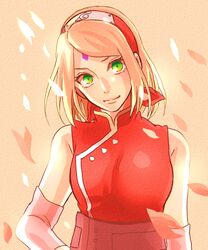  bare_shoulders cherry_blossoms facial_mark female female forehead_mark green_eyes hairband looking_at_viewer naruto naruto:_the_last naruto_shippuuden pink_hair sakura_haruno sakura_petals short_hair sleeveless solo the_last_naruto_the_movie 