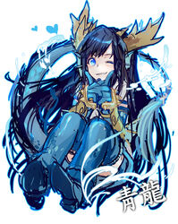  ankle_boots black_hair blue_eyes blue_footwear blue_gloves blue_thighhighs blush boots brass_knuckles china_dress chinese_clothes commentary_request dragon_girl dragon_horns dragon_tail dress elbow_gloves female fingers_to_cheeks fins full_body gauntlets gloves head_fins heart horns karin_(p&amp;d) long_hair meer_rowe oerba_yun_fang one_eye_closed photoshop_(medium) puzzle_&amp;_dragons short_sleeves simple_background smile solo spiked_knuckles spikes tail thighhighs very_long_hair weapon white_background white_dress 