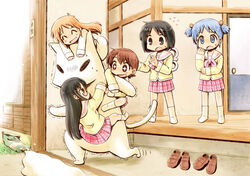  5girls aioi_yuuko animal black_eyes black_hair blue_eyes blue_hair closed_eyes commentary_request feline flying_sweatdrops long_hair minakami_mai multiple_girls naganohara_mio naruse nichijou open_mouth oversized_animal professor_shinonome school_uniform shinonome_nano short_hair smile tokisadame_school_uniform winding_key 