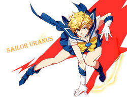  back_bow bishoujo_senshi_sailor_moon blonde_hair blue_choker blue_eyes blue_footwear blue_sailor_collar blue_skirt boots bow breasts brooch character_name choker cleavage commentary_request earrings female gloves heart heart_brooch jewelry magical_girl medium_breasts meer_rowe photoshop_(medium) sailor_collar sailor_senshi_uniform sailor_uranus short_hair skirt smile solo star_(symbol) star_choker super_sailor_uranus ten&#039;ou_haruka very_short_hair white_gloves yellow_bow 