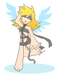  angel angel_(megami_tensei) atlus blindfold blonde_hair bondage bondage bound chains cosplay crossover female long_hair open_mouth panty_&amp;_stocking_with_garterbelt panty_(character) panty_(psg) parody rintha shin_megami_tensei shin_megami_tensei_iii:_nocturne shin_megami_tensei_nocturne simple_background solo wings 