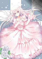  dress female flower highres lying lying_down pandora_hearts peach-rozen petal petals red_eyes rose silver_hair solo will_of_the_abyss 