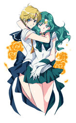  2girls back_bow bishoujo_senshi_sailor_moon blonde_hair blue_eyes blue_sailor_collar blue_skirt bow choker commentary_request gloves green_eyes green_hair green_skirt highres hug kaiou_michiru long_hair magical_girl meer_rowe multiple_girls outer_senshi photoshop_(medium) sailor_collar sailor_neptune sailor_senshi sailor_senshi_uniform sailor_uranus short_hair simple_background skirt smile super_sailor_neptune super_sailor_uranus ten&#039;ou_haruka tiara very_short_hair white_background white_gloves yuri 