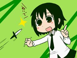  :d black_hair blush_stickers brown_eyes commentary_request female hizaki_ryuuta kill_me_baby knife necktie open_mouth oribe_yasuna school_uniform short_hair skirt smile solo 