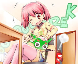  blush_stickers commentary_request female giroro hinata_natsumi jealous keroro keroro_gunsou naruse one_eye_closed open_mouth painttool_sai_(medium) pink_hair short_hair sitting smile thighhighs 