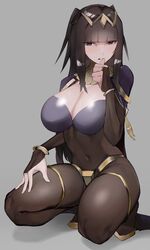  1girls 2021 absurdres bangs belly belly_button big_breasts biting_finger biting_own_finger black_eyes black_hair bodystocking bodysuit bracelet breasts bridal_gauntlets cape circlet cleavage clenched_teeth clothed covered_navel crouching female female_only fire_emblem fire_emblem_awakening full_body fully_clothed grey_background grey_eyes highres hime_cut jewelry kataku_musou large_breasts long_hair looking_at_viewer navel nintendo pantyhose see-through simple_background skin_tight solo source_larger squatting teeth tharja_(fire_emblem) thick_thighs thigh_strap thighs thumb_to_mouth tiara very_long_hair 