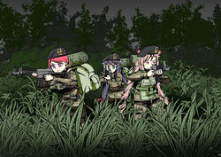  3girls absurdres assault_rifle backpack bag beret black_hair camouflage crossover daewoo_k1 digital_camouflage full_body green_eyes gun hat highres hongryeon_(last_origin) karyl_(princess_connect!) last_origin load_bearing_vest long_hair low-tied_long_hair low_twintails miho_(last_origin) military military_operator military_uniform multicolored_hair multiple_girls outdoors pink_eyes pink_hair princess_connect! purple_eyes red_hair rifle streaked_hair tungtunggugu twintails uniform weapon white_hair 