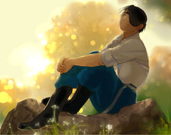  1boy backlighting bad_id bad_pixiv_id black_eyes black_footwear black_hair blue_pants blurry blurry_background boots collared_shirt commentary_request conqueror_of_shambala crossed_ankles dress_shirt eyepatch fingernails flower full_body fullmetal_alchemist grass hands_on_own_leg happy head_back lens_flare light_smile looking_afar male_focus nature outdoors own_hands_together pants rock roy_mustang shirt sitting sitting_on_rock sky sleeves_rolled_up sunset tree urikurage white_flower white_shirt yellow_sky 