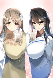  2girls arms_behind_back asymmetrical_docking black_hair blue_eyes blush braid breast_press breasts brown_eyes brown_hair bubble_tea bubble_tea_challenge business_suit closed_mouth commentary_request cowboy_shot crown_braid cup disposable_cup dress drink drinking_straw flower formal hair_between_eyes hair_flower hair_ornament highres hima huge_breasts kishikawa_meru long_hair long_sleeves looking_at_viewer miniskirt moriyama_chisei multiple_girls novel_illustration object_on_breast official_art onee-san_sensei_wa_danshikousei_ni_ezukeshitai. pantyhose pencil_skirt skirt skirt_suit smile suit white_skirt white_suit x_hair_ornament 