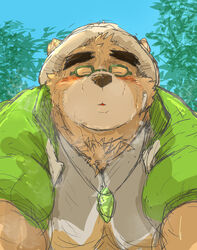  2021 anthro bear blush brown_body brown_fur brown_nose closed_eyes clothing eyewear fur glasses hat headgear headwear hi_res kemono kotobuki lifewonders male mammal outside overweight overweight_male plant shirt solo tokyo_afterschool_summoners topwear tree volos_(tas) 